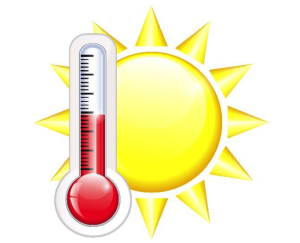 Drawing of a sun and a thermometer to indicate hot temperature