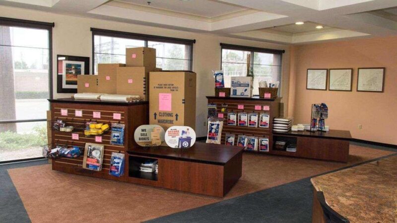 Inside storage office with packing and moving supplies on display