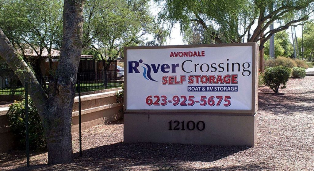 Stand alone signage for Avondale River Crossing Self Storage by the entrance of facility