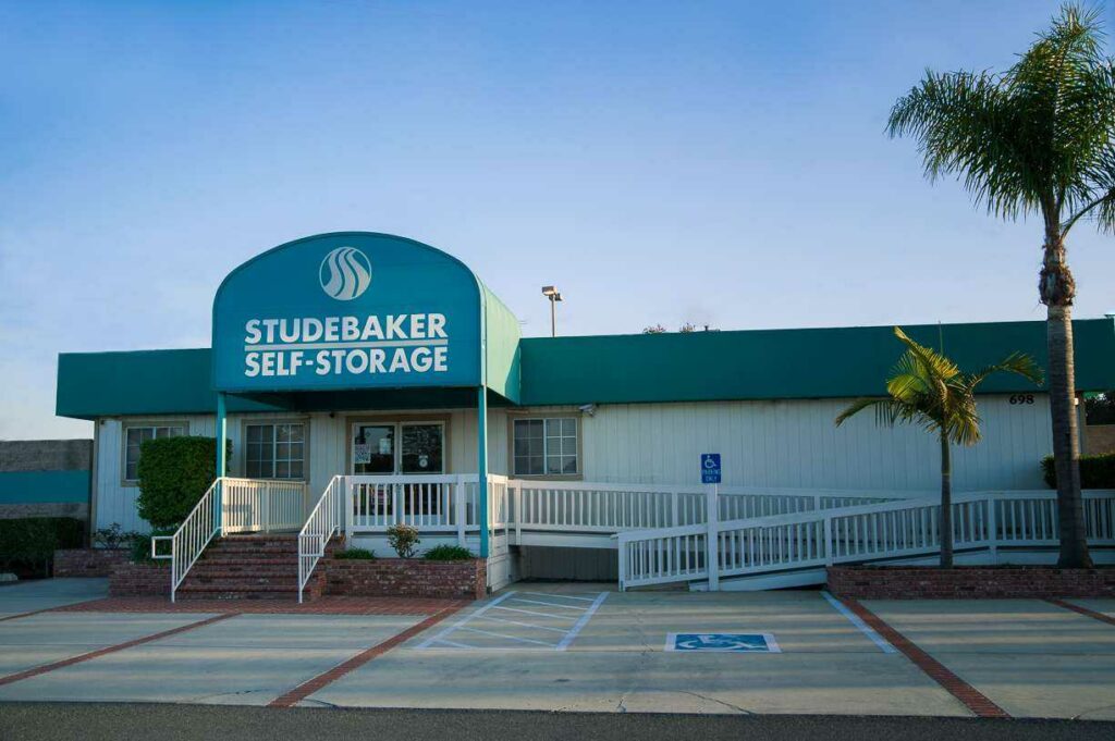 Entrance to Studebaker Self Storage office with a parking lot area