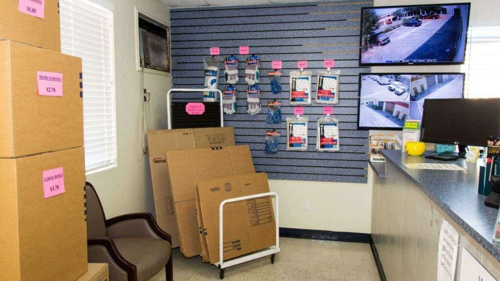 Front desk area with moving and packing supplies available at facility office