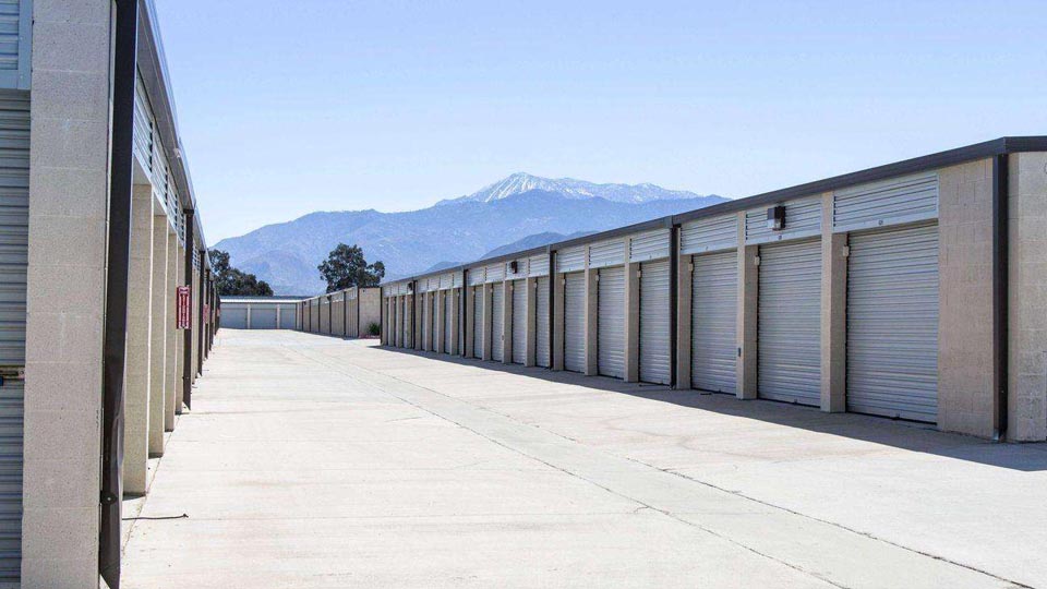 A long row of large outdoor storage units with white doors in a clean, open area