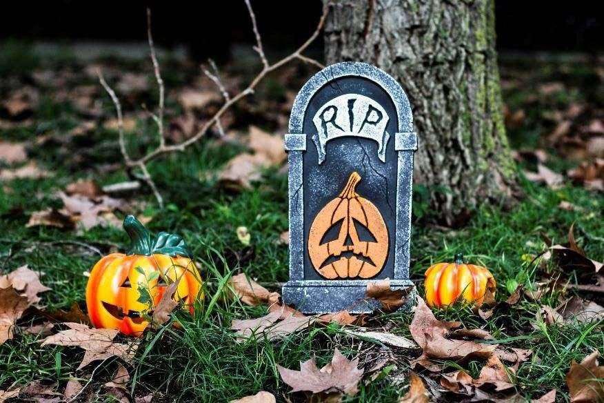 Halloween decorations spread out in yard