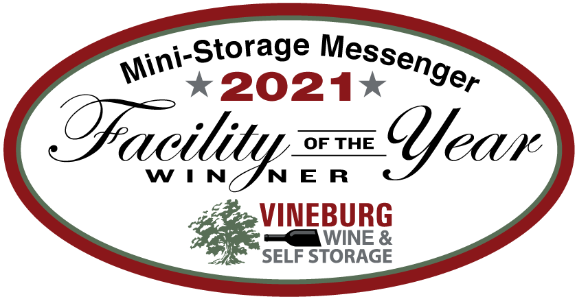 A badge awarding Vineburg Wine & Self Storage as 2021 Facility of the Year from Mini Storage Messenger