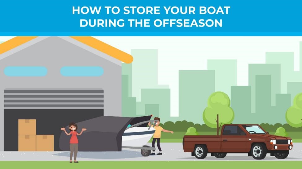 Illustration of a couple placing a boat into a storage building from a truck trailer.