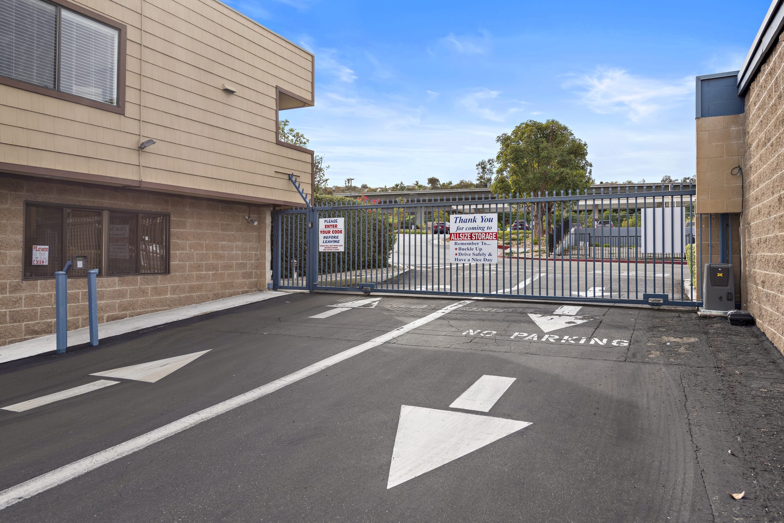 The secure, 2-way, gated entrance to the Allsize Self Storage facility.