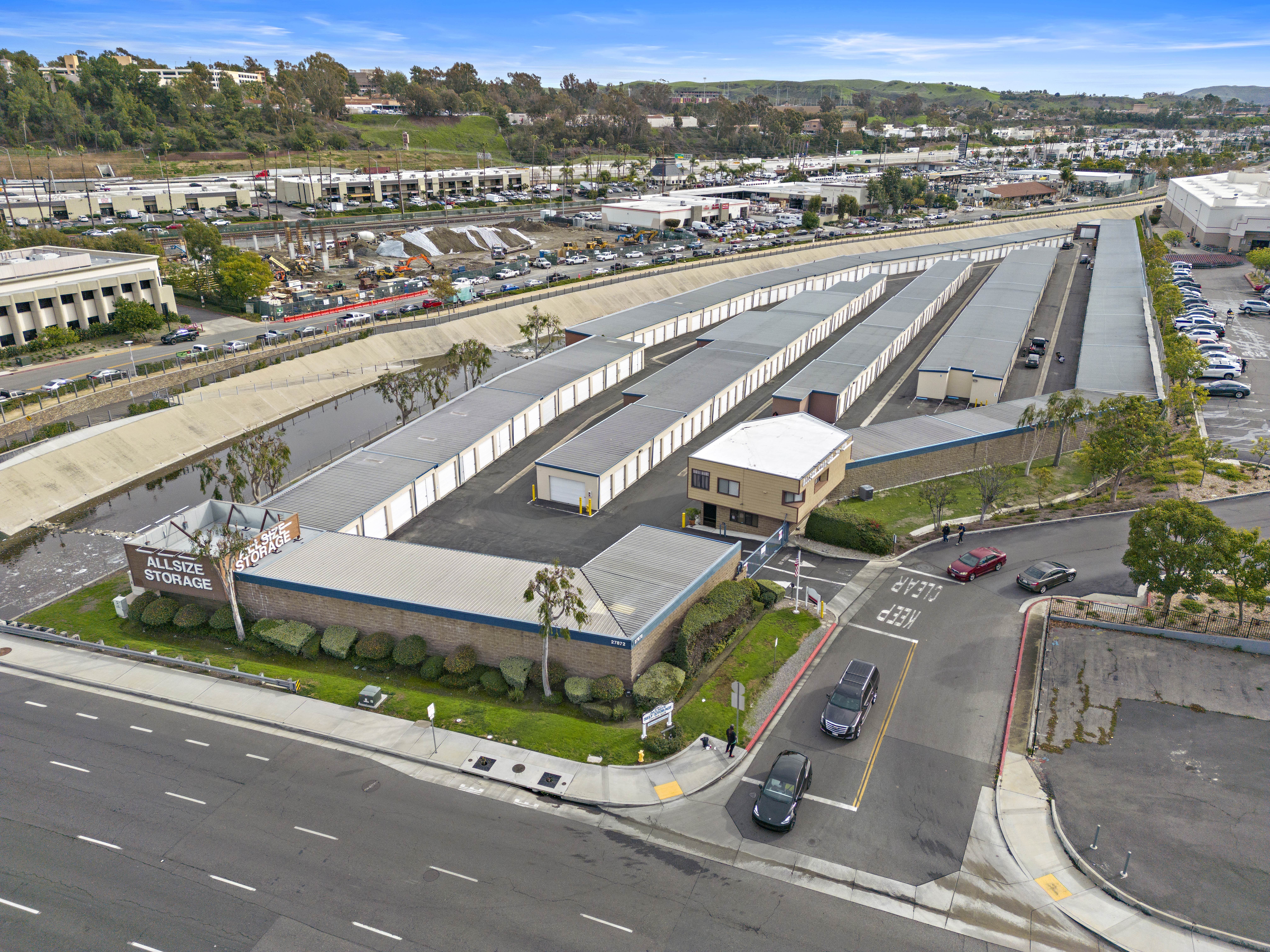 An aerial view of the Allsize Self Storage facility and fenced campus.
